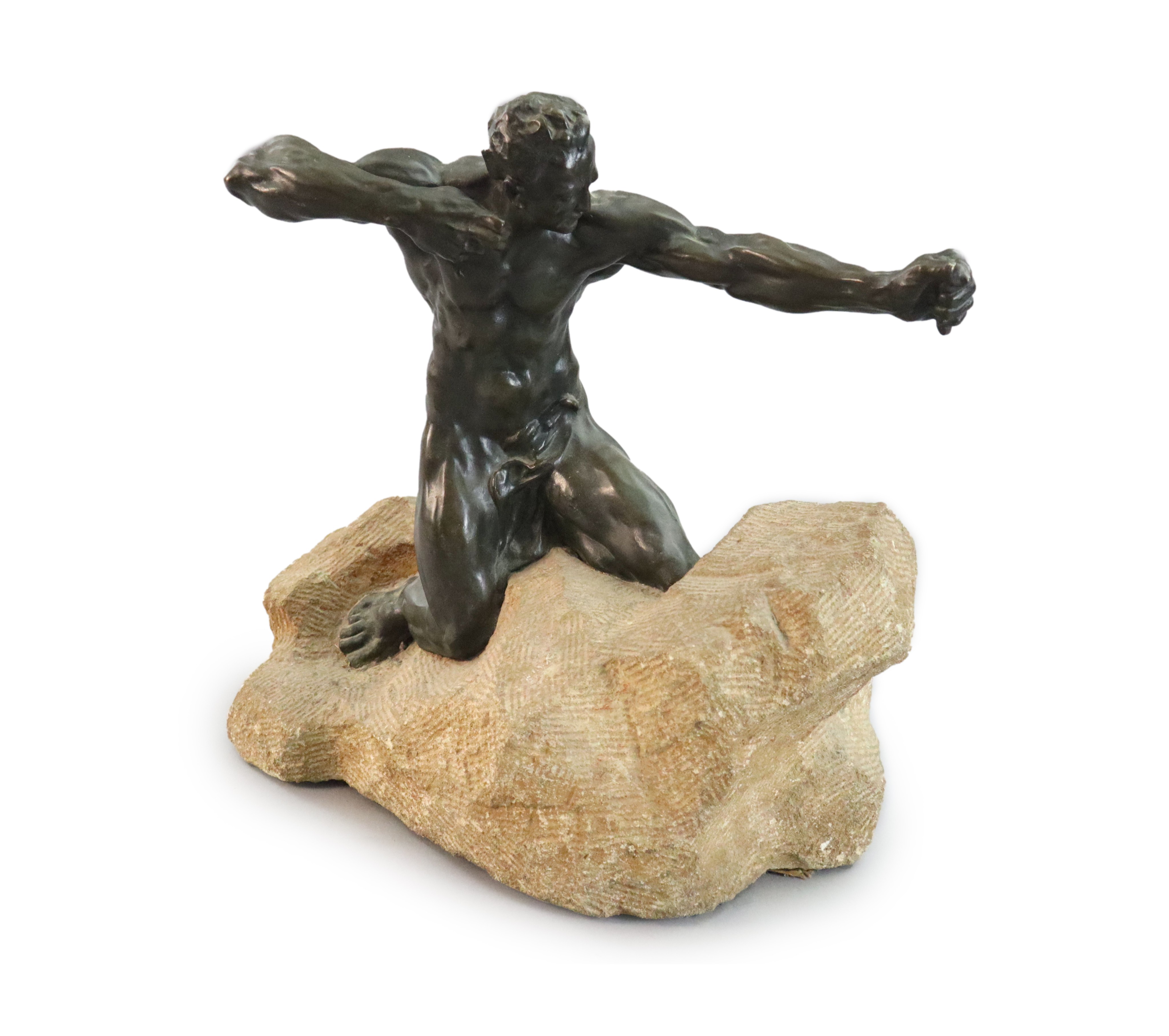 Alfredo Pina (1883-1966). A bronze figure of Héraclès kneeling upon a rocky mound, width 21in. height 20in.